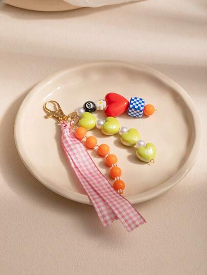 1pc Y2K Heart Beaded Keychain, Plaid Ribbon 8‑Ball Checkerboard Bag Charm, Aesthetic Backpack Pendant, Key Ring Gift For Teen Girls