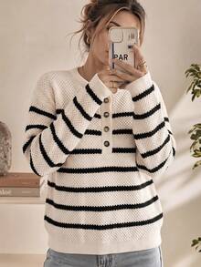BuyK [Tops]SAKI French Niche Single-Breasted Striped Versatile Half-Open Collar Loose Knit Sweater For Women - Apricot - View 2