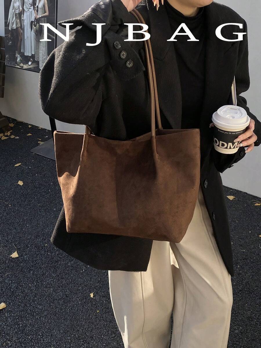 2026 Spring New Coffee Color Velvet Vintage Large Capacity Shoulder Bag, Underarm Bag, Handbag, Business Women Casual Style - Coffee Brown - View 1