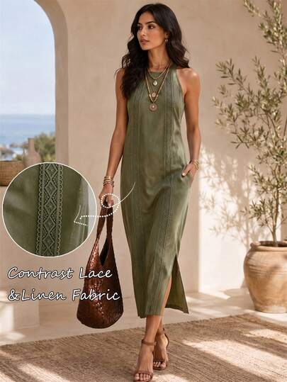 Đầm nữ mùa hè màu trơn thời trang thanh lịch phong cách vintage cổ yếm sát nách phối ren thiết kế thanh lịch thường ngày, đầm mặc trong mùa thu đi chơi ngày lễ tựu trường đi làm đa năng, đầm dự tiệc đám cưới đi biển sinh nhật, đầm trắng, đầm thường ngày cho nữ, đầm vải lanh, đầm mùa hè