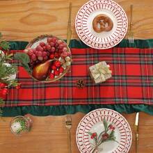1pc Christmas Plaid Dual-Panel Velvet Fabric Ruffle Table Runner, Suitable For Christmas Holidays And Home Decor - Red Grid - View 5