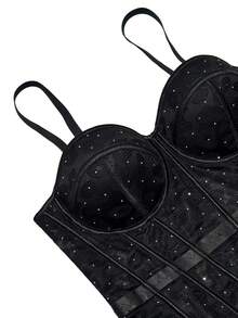 Fashion Fantasy Lace Corset Mesh Bustier Shining Rhinestones Crop Top Sexy Camisole Daily Outfit Black Summer Party Festival Top - Black - View 4
