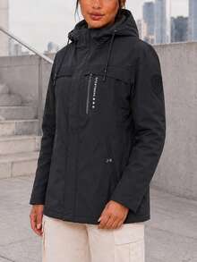 Jaket Wanita Outdoor Lengan Panjang Minimalis dengan Resleting dan Motif Huruf - Hitam - View 2