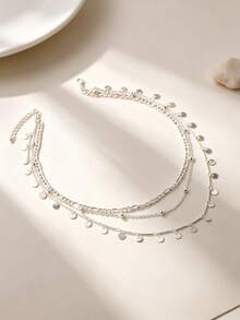 1 Buah Kalung Rantai 3 Lapis dengan Liontin Cakram Gantung Gaya Boho untuk Pemakaian Sehari-hari - Perak - View 4