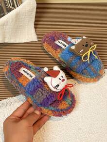 1 Pair Colorful Fuzzy Slippers Suitable For Boys And Girls, Indoor And Outdoor Casual Wear In Autumn And Winter - Orange - View 1