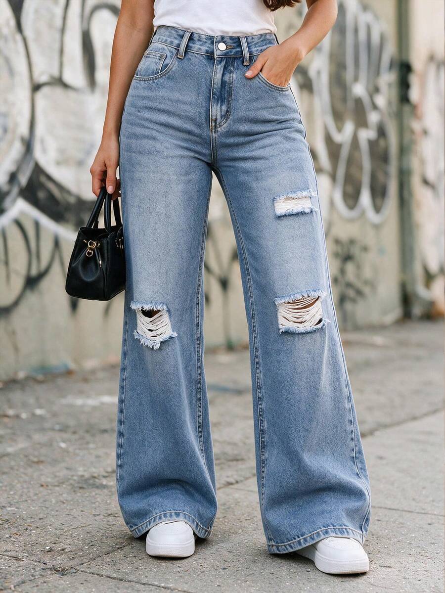 Women's Casual Distressed Straight Leg Jeans, With Pockets, Non-Stretch, Long Design, Creating A Loose Grunge Style - Light Wash - View 1