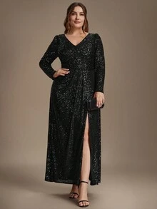 EVERPRETTY Autumn/Winter Plus Size Elegant Luxury Heavy Embellished Sequin Embroidery Straight Black Formal Evening Gown Suitable For Dinner Party Anniversary - Black - View 3