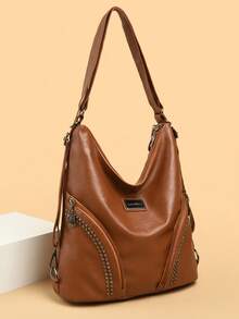 Women's Bohemian Style Large Shoulder Bag, Solid Color Faux Leather, Studs Decoration, Multiple Pockets, Large Capacity, Vintage Style, Suitable For Daily Outings And Outdoor Use - Brown - View 4