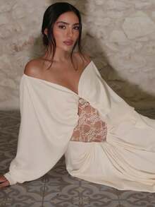 SYchuan Elegant Women's Knitted Long Dress, Long Sleeve Deep V-Neck, Stunning Contrast Lace Details, Suitable For Formal Occasions - Apricot - View 3