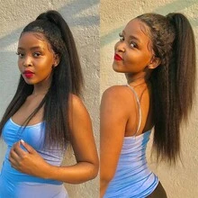 Dollface Invisible Strap 360 Full Lace Wig Kinky Straight Human Hair Wig Lace Front Wig With Drawstring 360 HD Lace Frontal Wig 30 40 Inch - Natural Black - View 7