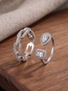 2pcs Fashion Water Drop Square Hollow Lock Ring Asymmetrical Open Blue Turquoise Ring Set - Style 8 - View 5