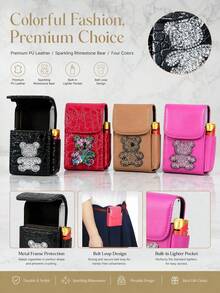 Cute Rhinestone Bear Mini Flip Storage Case, Crocodile Texture Faux Leather Small Cosmetic Pouch, Portable Lipstick Eraser Jewelry Organizer Box With Pen Slot, Compact Decorative Holder For Tiny Accessories, Ideal Daily Use & Gift - Multicolor - View 3