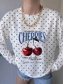 1pc Girls Big Kids White Base Black Polka Dot Cherry Print Long Sleeve T-Shirt, Retro American Sweet Style Loose Top For Spring And Autumn - White - View 3