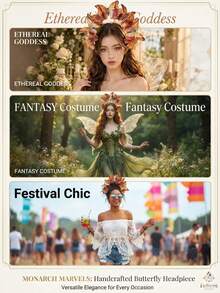 1pc Fairycore Orange Butterfly Floral Flower Crown 3D Monarch Butterfly Headband Woodland Fairy Cosplay Prom Party Hair Props - Coral Orange - View 2