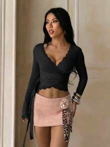 Women's Asymmetric Black Lace Trim V-Neck Tie Long Sleeve Cropped Top, Casual Daily Date Night Outfit Outerwear - Black - View 1