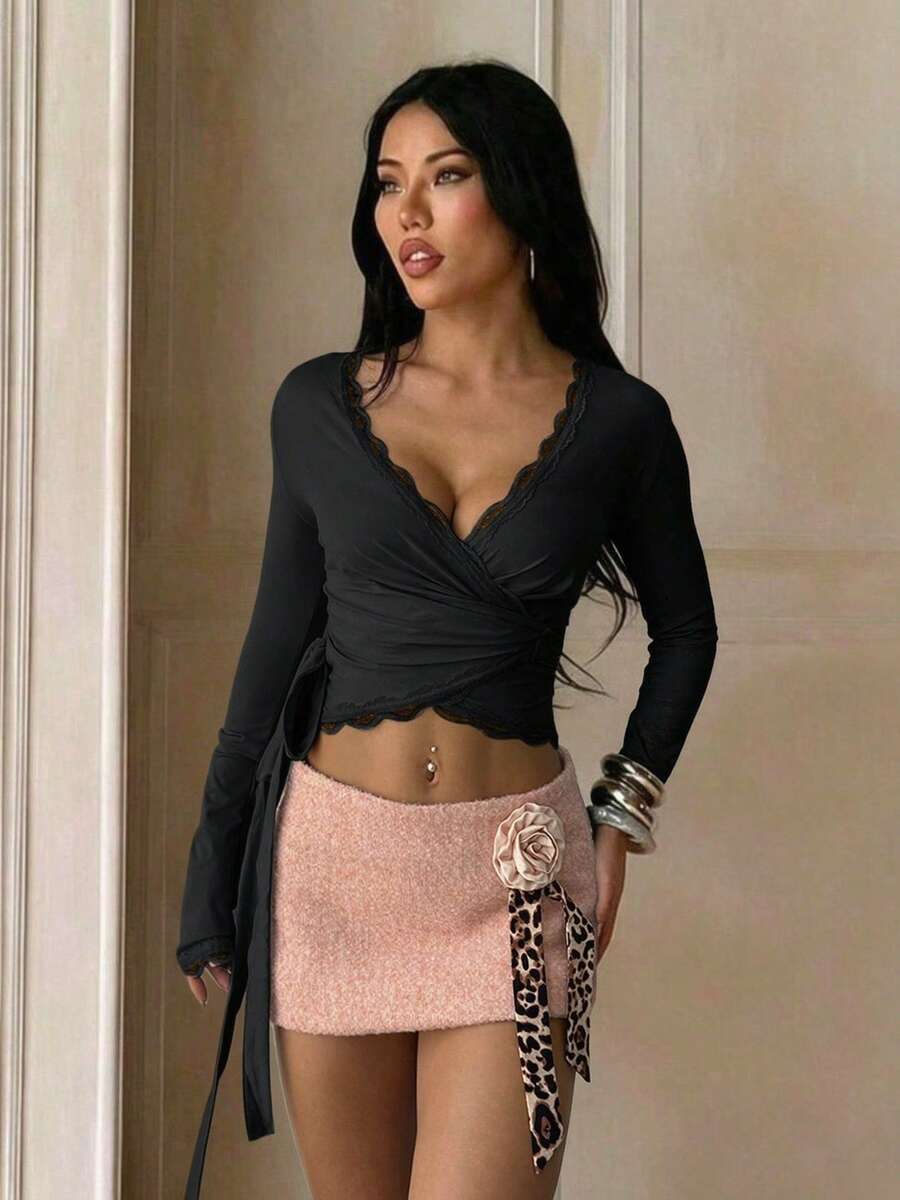 Women's Asymmetric Black Lace Trim V-Neck Tie Long Sleeve Cropped Top, Casual Daily Date Night Outfit Outerwear - Black - View 1