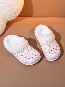1 Pair Girls' Comfortable Fashion Thermal Lined Warm Bowknot Print Clogs, Suitable For Autumn/Winter - White - View 6