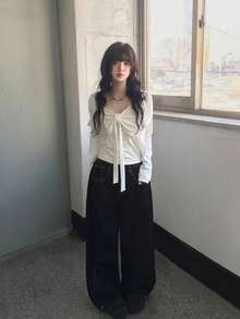 YCYC Korean Style Girl Polka Dot Ruffle Bow Camisole Top Long Sleeve Sun Protection Cardigan 2pcs Set - Apricot - View 3
