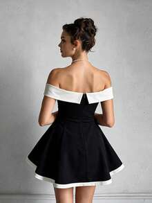 Women's Summer Contrast Trim Waist-Cinching A-Line Elegant Party Dress, Evening Gown, Gathering - Black - View 6