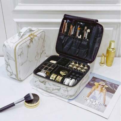 Marble Pattern PU Makeup Storage Bag, Waterproof Travel Makeup Bag, Professional Portable Makeup Box, Embroidery Tool Storage Organizer, 1pc, Makeup Bag, Cosmetic Bag, Skincare Bag, Toiletry Bag, Storage Bag