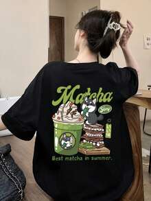 Women's Casual Round Neck Loose Fitting Ice Cream Letter Print Short Sleeve T-Shirt, Versatile For Summer Black - Black - View 3