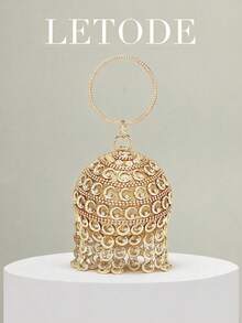 Mini Rhinestone Tassel Handheld Spherical Evening Bag - Gold - View 10