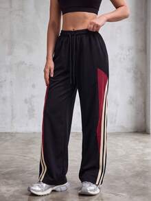 Knot & Curve Women's Long Pants, Autumn Vintage Colorblock Straight Leg Pants, Side Stripe Webbing Drawstring Waist Loose Drape Sporty Pants - Black - View 4