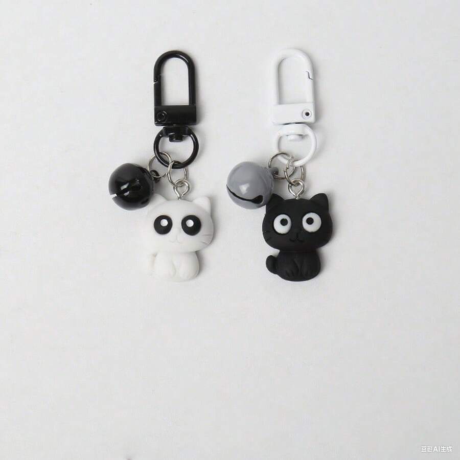 1pc Random Cute Funny Creative Black & White Bell Cat Keychain/Bag Charm, Small Gift For Friends, Unisex Daily Decor Party Outdoor Festival - Black and White - View 1
