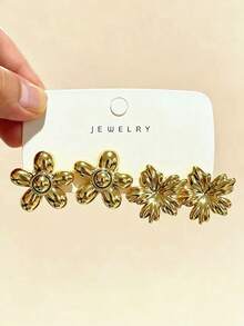 4/6/16PCS Fashionable Elegant Floral Geometric Multi-Element Gold Metallic Earring Set, Women's Fashion Earring Set (Lightweight CCB Material, Non-Fading) - Gold - View 3