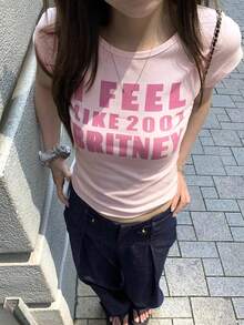 女士字母印花圆领修身短袖T恤，夏季粉色休闲款 - 粉色 - 查看 4