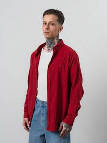 Men's Embroidered Patch Long Sleeve Oversize Shirt Burgundy - Burgundy - View 2