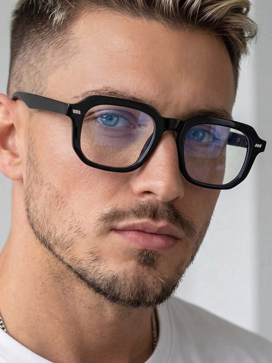 1 paire de lunettes pour hommes à monture carrée en PC, style nouveau personnalisé, décontracté minimaliste, verres transparents - Noir - Voir 1