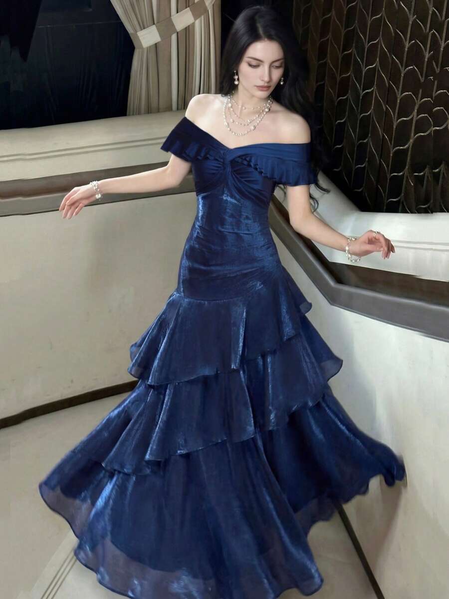 女款優雅迷人浪漫露肩閃亮晚禮服,情人節穿搭,正式派對禮服,婚禮適用,春季秋季 - 藏蓝色 - 查看 1