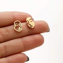 1 Pair Asymmetric Hollow & Solid Abstract Face Earrings, Golden Stainless Steel ,Modern Art Minimalist Ear Jewelry - GED659 - View 6