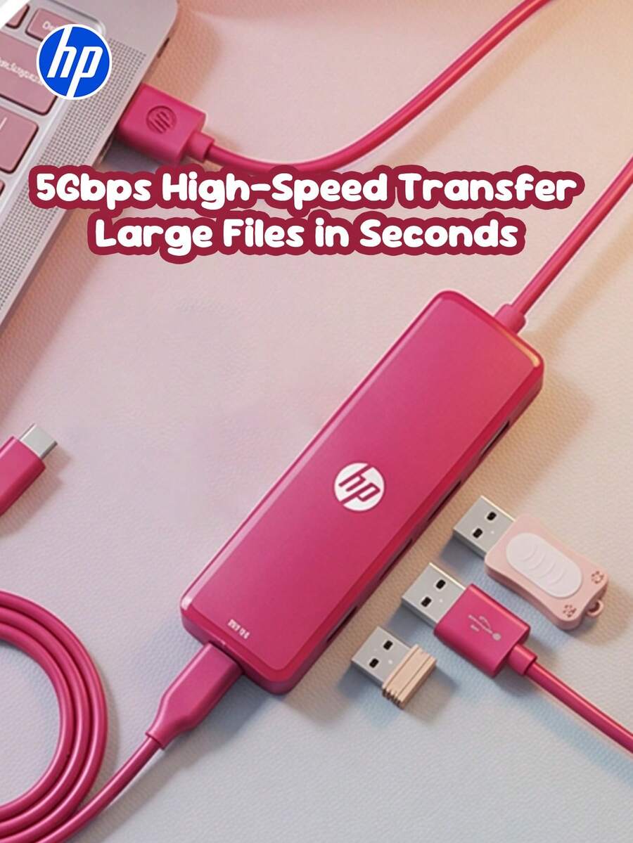 HP 4-in-1 Docking Station, DHC-CT100D, USB-A 2.0, Merah Mawar, 1-ke-4, USB2.0*4, Tipe-C*1, Transfer File Efisiensi Tinggi, Stasiun Docking Multifungsi Portabel