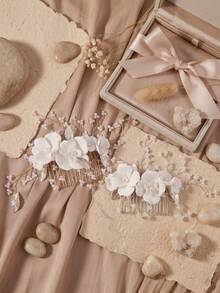 1pc Elegant White Flower Bridal Hair Comb Pearl Beaded Wedding Headpiece Hair Accessories For Bride - Multicolor - View 6