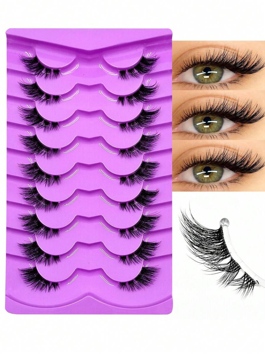 9 pares de pestañas medias, pestañas postizas de ojo de gato natural, pestañas de visón sintético con banda transparente, para maquillaje de ojos de estilo diario, aptas para principiantes - Negro - Ver 1