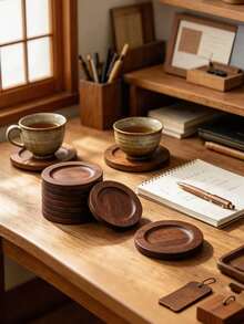 Round Vintage Walnut Solid Bamboo Tea Cup Coaster Set, Luxury Heat-Insulating Cup Holder Tray Rack, Tea Ceremony Tableware Storage Organizer, Heat-Resistant Non-Slip Kitchen Dining Table Decor, Gift For Tea Lovers And Home Decor Enthusiasts - Multicolor - View 4