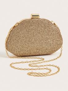 Women's Evening Clutch Bag, Hard Shell Box Bag, Glitter Evening Bag, Solid Color Gold Portable Makeup Bag With Detachable Shoulder Strap, Suitable For Prom, Party, Wedding, Holiday Gathering - Gold - View 6