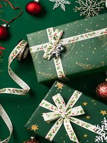 1pc 5-Yard Christmas Red Berry And Holly Leaf Ribbon - Gold Foil Christmas Gift Ribbon, Suitable For Gift Box Wrapping, Bouquet Wrapping, DIY Bows And Holiday Wreath Accessories, Christmas Decorative Ribbon. - One Size Fits All - View 4