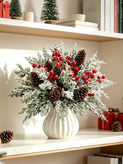 Conjunto de Flores Artificiais de Natal 42 peças/21 peças - Pinhas de Plástico, Bagas Vermelhas com Ramos de Pinheiro Norfolk, Adequado para Coroas DIY/Decoração de Árvore de Natal, Arranjos de Natal para Casa e Exterior