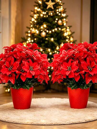 4pcs Artificial Red Poinsettia Flower Bouquet, Lifelike Faux Silk Christmas Floral Bush With Green Leaves For Vase, Table Centerpiece, Xmas Tree, Fireplace, Mantel, Porch, Office, Indoor Outdoor Home Holiday Winter Wedding Party Festive Decoration