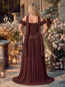 QOQ Women Plus Size Elegant Romantic Vintage Thin Strap Sleeveless Formal Evening Gowns Hoco Homecoming Ruffle Dinner Date Cocktail Party Maxi Dresses - Brown - View 3
