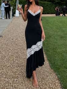 Women's Sexy Backless Lace Ruffle Patchwork Spaghetti Strap Maxi Dress, Vintage Elegant, 10cm - Black - View 9
