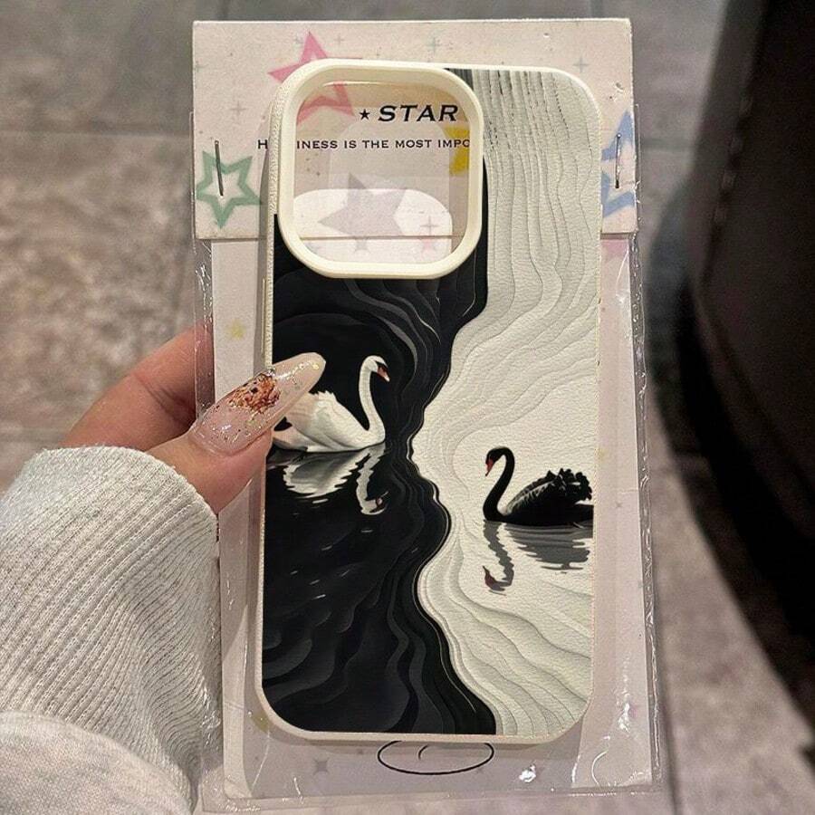 1件個性化天鵝波點美學圖案黑色液態直邊手機殼,適用於 iPhone 16/16 Pro/16 Plus - 彩色 - 查看 1