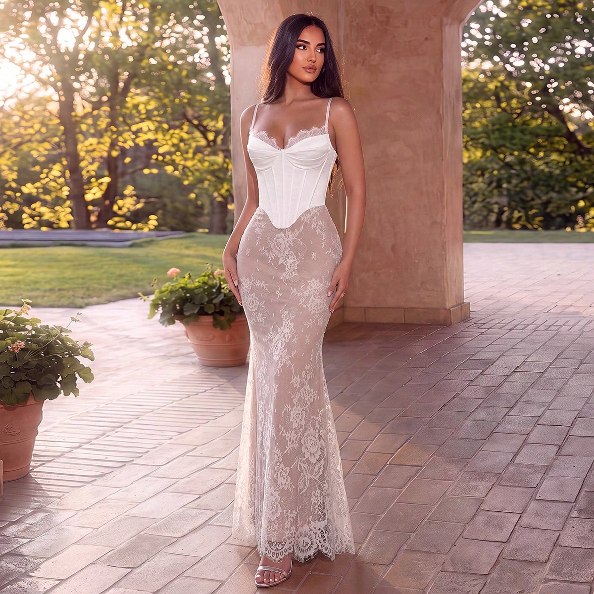 Elegant Spaghetti Strap Cinched Waist Backless Fitted Lace Corset Long Dress, Holiday Party Gown, Homecoming Dance, Wedding Guest, Formal Dinner, Christmas - image - 1