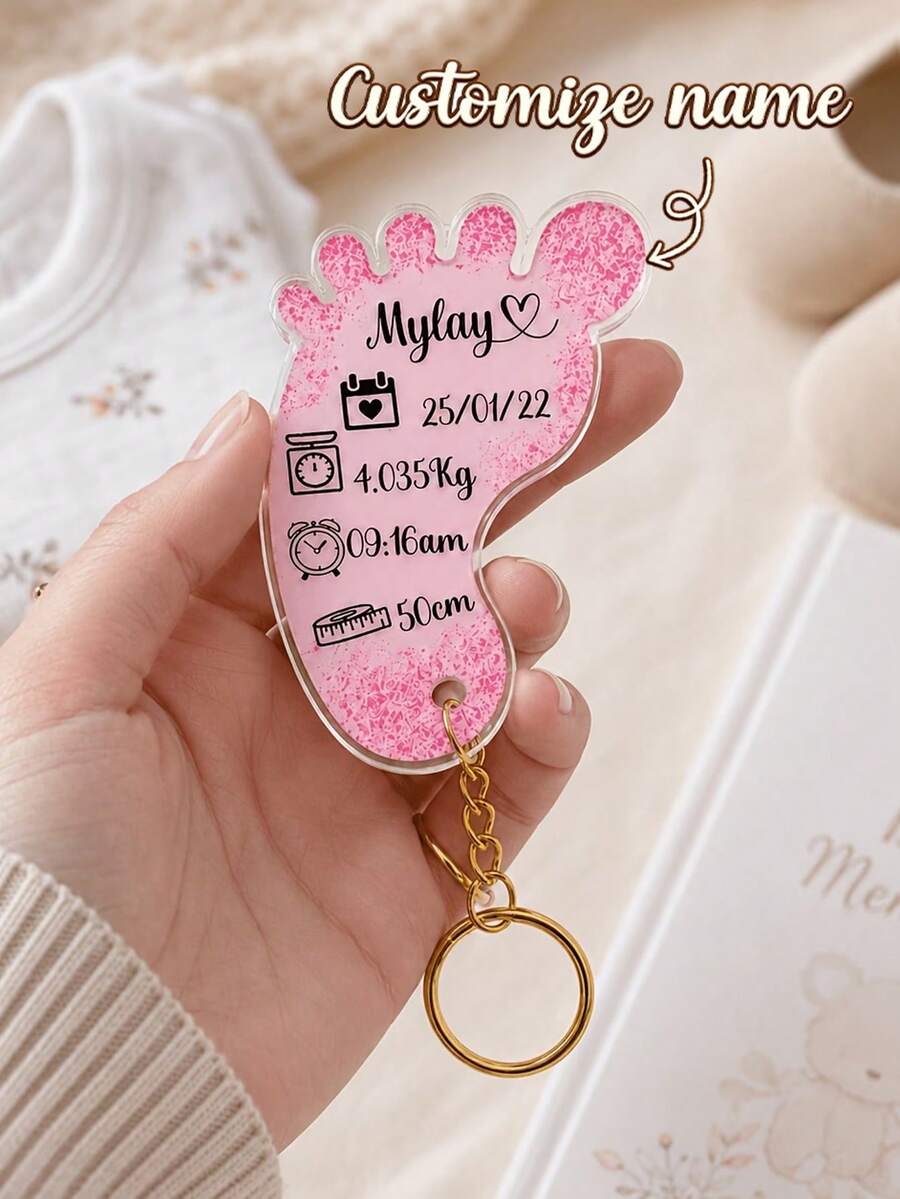 1pc Personalized Footprint Data Acrylic Keychain, Customized Name, Date, Weight, Time And Height Memorial Key Ring, Precious Gift For Parents And Family - Multicolor - View 1
