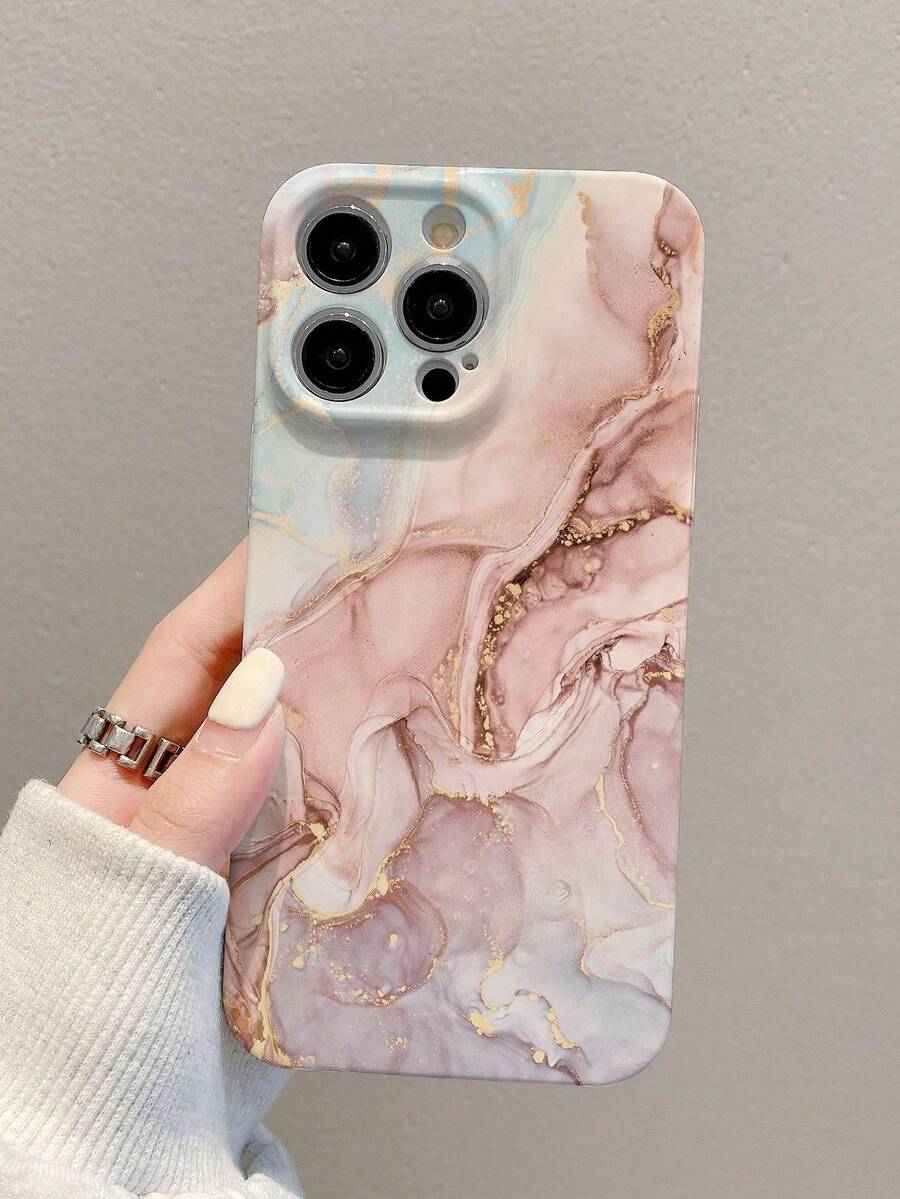 Pink Marble Pattern With Gold Foil Veins Full Coverage Protective Case, Compatible With IPhone 18/17/16/15/14/13/12/11 Series; Features Waterproof, Shockproof, Anti-Drop And Scratch-Resistant Properties, Ideal Spring Gift Choice. - White - View 1