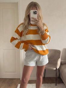 Fall Outfits Women Winter Set New Party Round Neck Loose Color Stripes Casual All-Matching Slim Long Sleeve Knitted Sweater - Orange - View 1