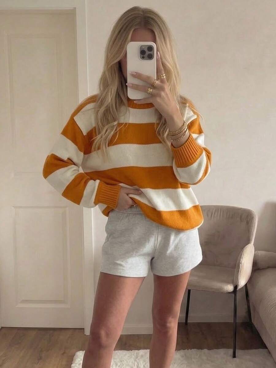 Fall Outfits Women Winter Set New Party Round Neck Loose Color Stripes Casual All-Matching Slim Long Sleeve Knitted Sweater - Orange - View 1